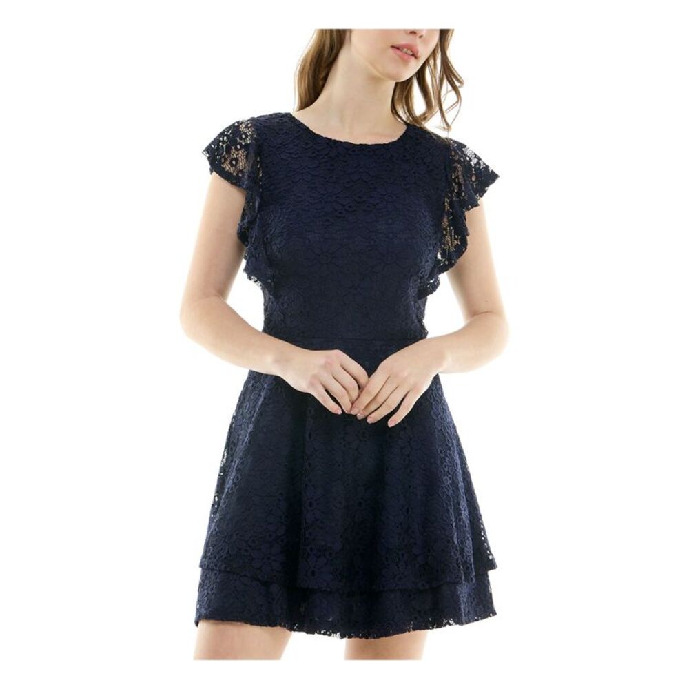 CRYSTAL DOLLS Womens Short Dress Navy Flutter Sleeve Lined Juniors XXS